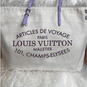 LV Canvas tote, white with purple LV lettering and leather straps